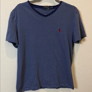 Polo by Ralph Lauren Navy and Light Blue Striped V-Neck Tee with Red Logo